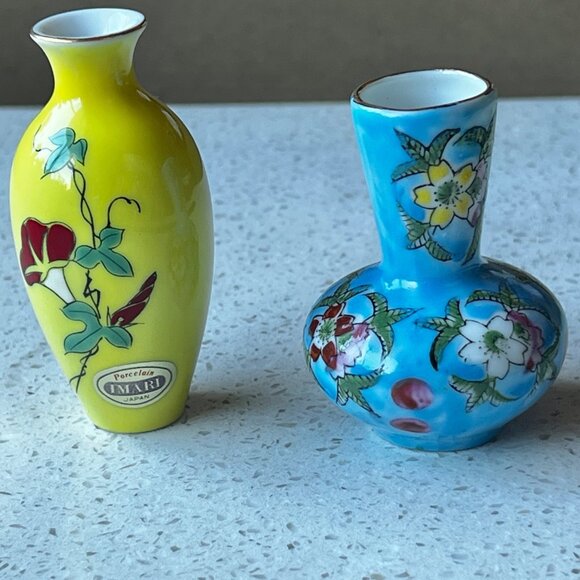 Miniature Japan Porcelain Vases Set Of 2 Yellow & Blue Floral Design vintage - Picture 1 of 13